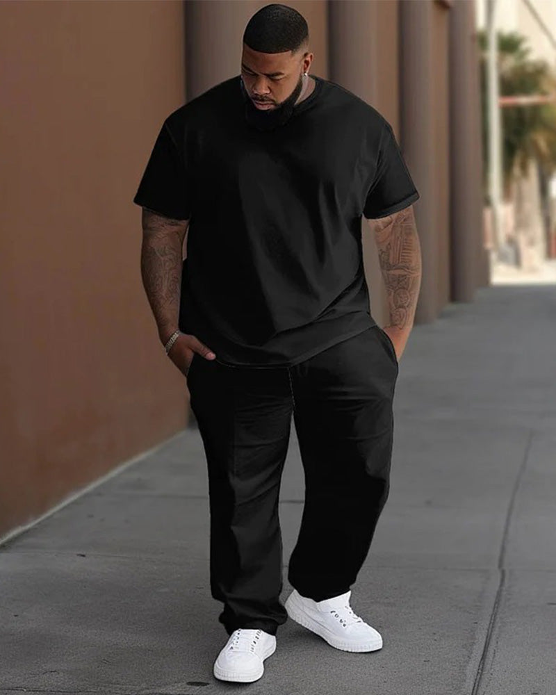 Big & Tall Black Solid Color T-Shirt Pants Set for big men view 1
