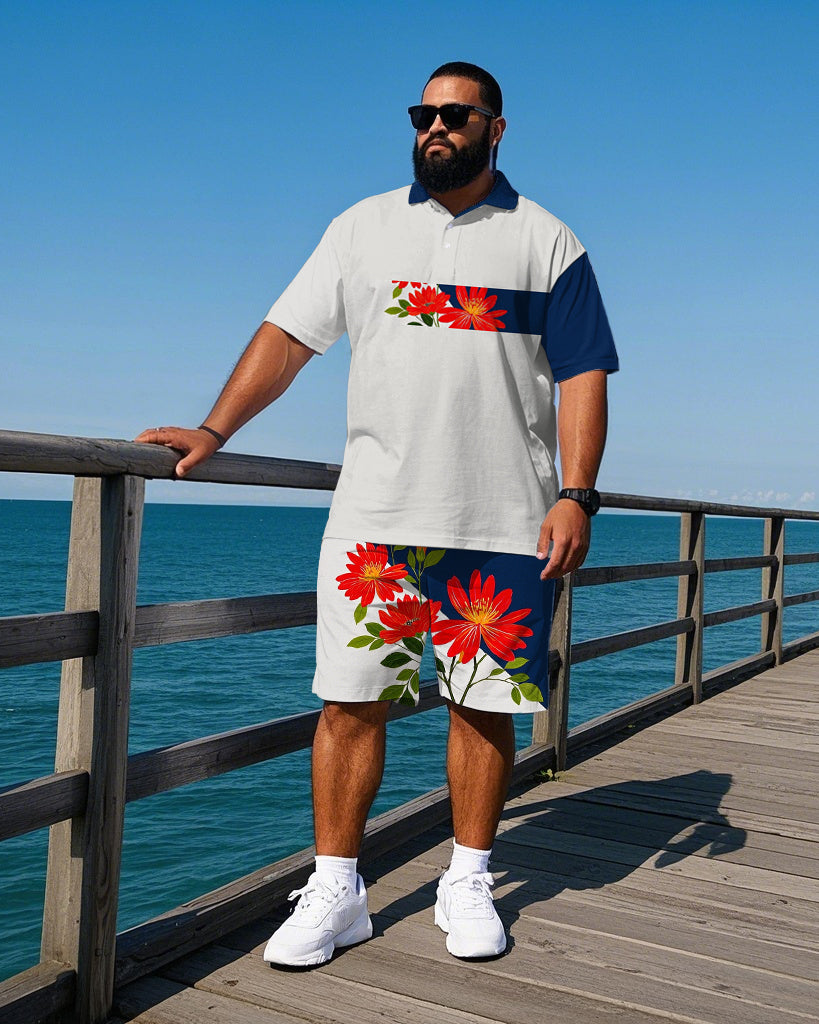 Big & Tall Striped Floral Polo Shorts Set for big men view 1