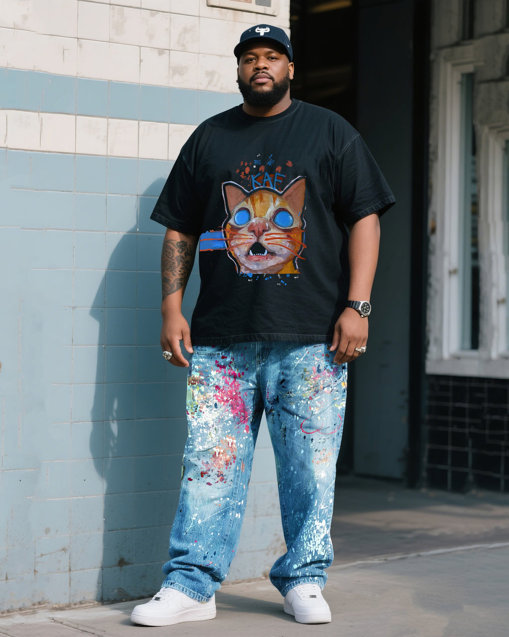 Big & Tall Denim Graphic Splash Ink T-Shirt Pants Set for big men view 2