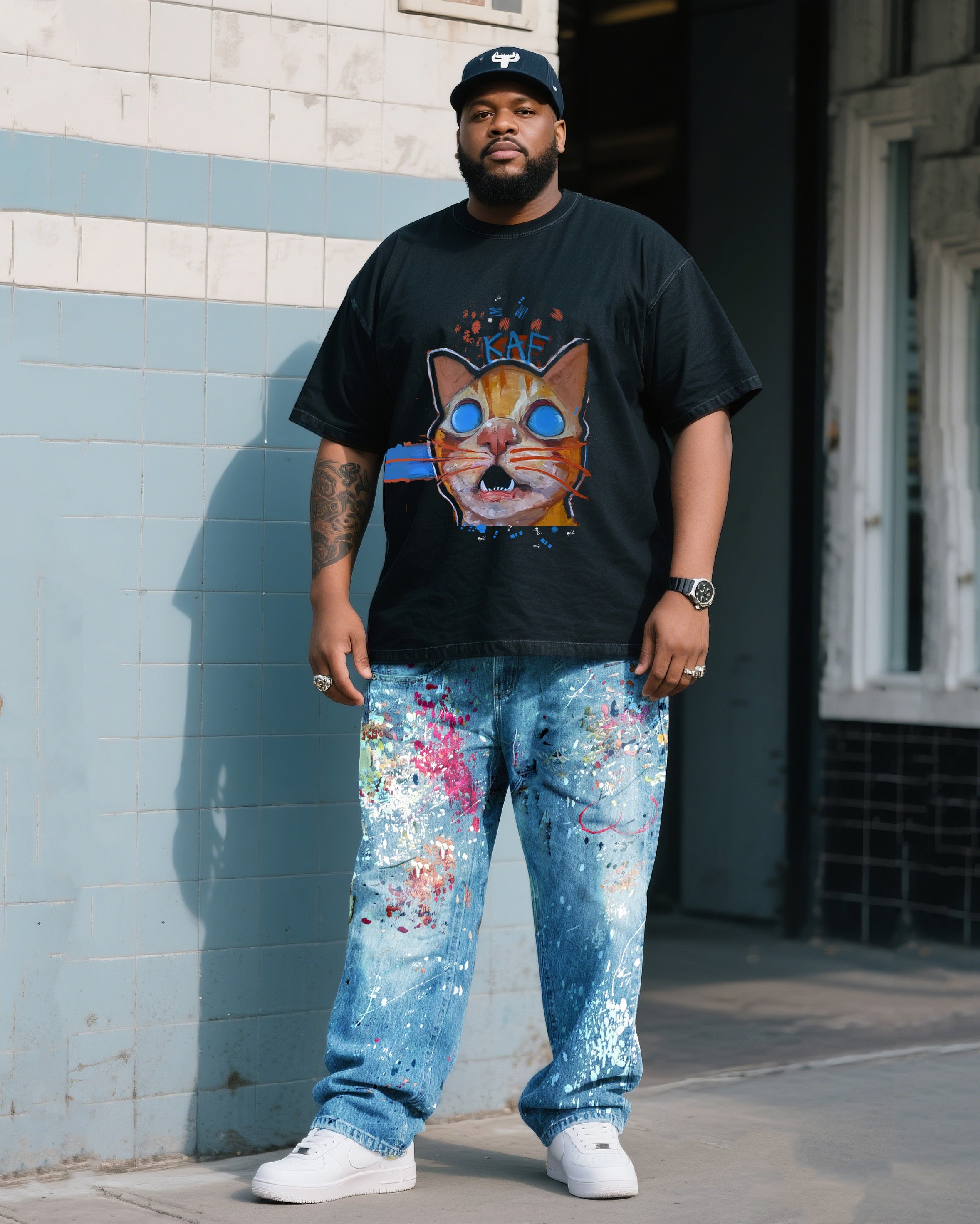 Big & Tall Denim Graphic Splash Ink T-Shirt Pants Set for big men view 2