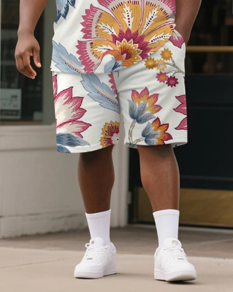 Big & Tall White Graphic Floral T-Shirt Shorts Set for big men view 3