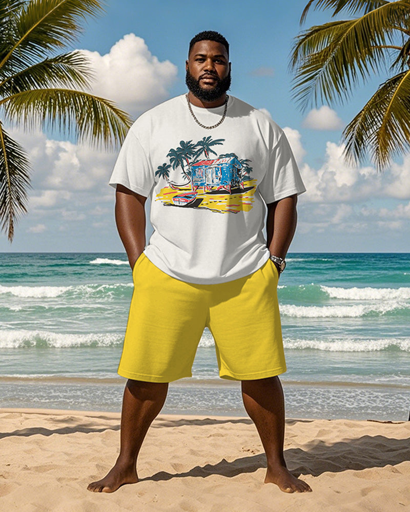 Big & Tall Yellow Hawaiian Graphic T-Shirt Shorts Set for big men view 1