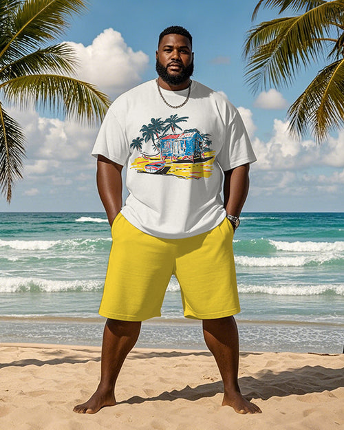 Big & Tall Yellow Hawaiian Graphic T-Shirt Shorts Set for big men view 1