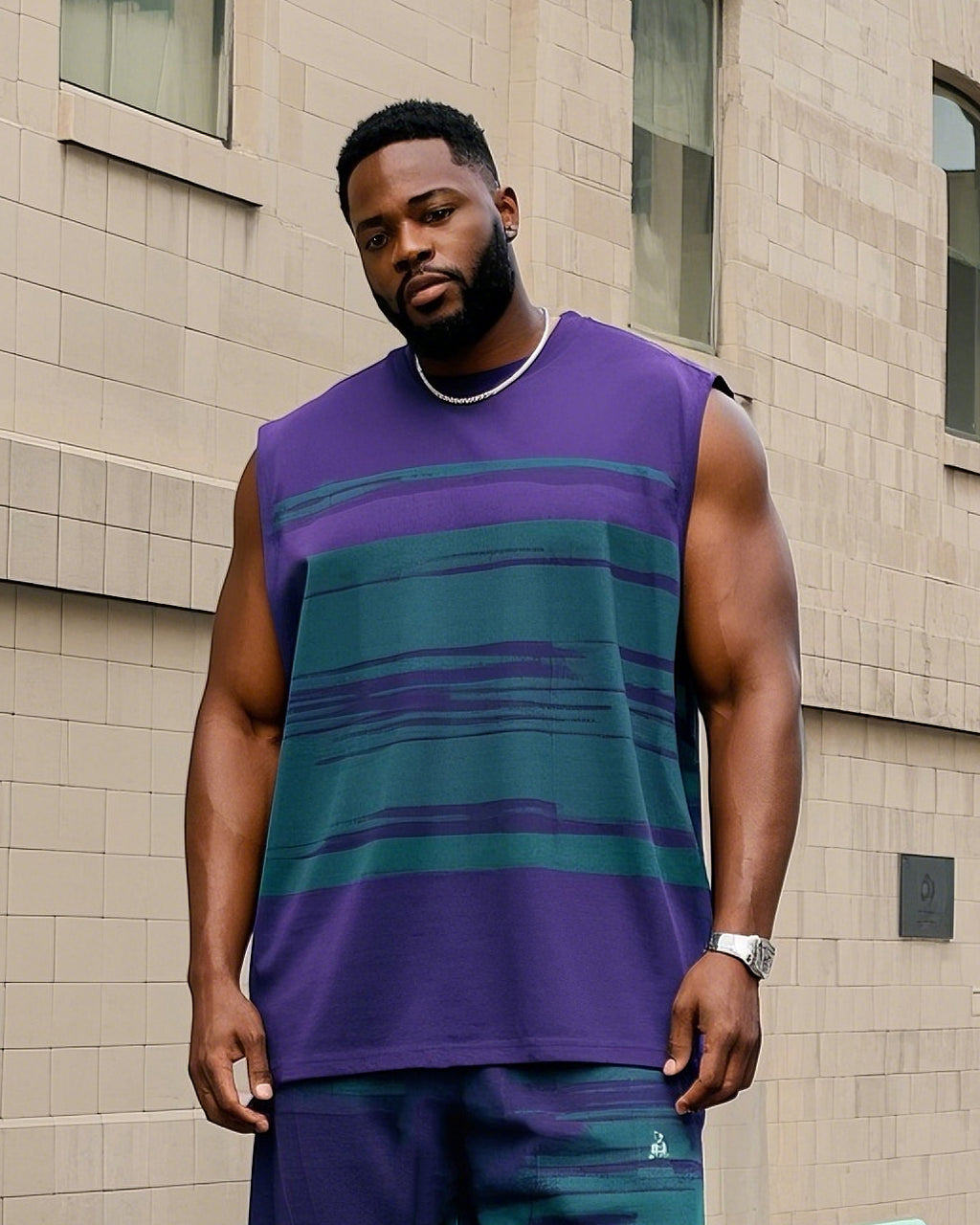 Big & Tall Colorblock Striped Graphic Vest Pants Set for big men view 2