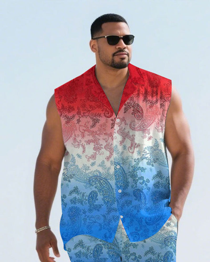 Big & Tall White Blue Hawaiian T-Shirt Shorts Set for big men view 2