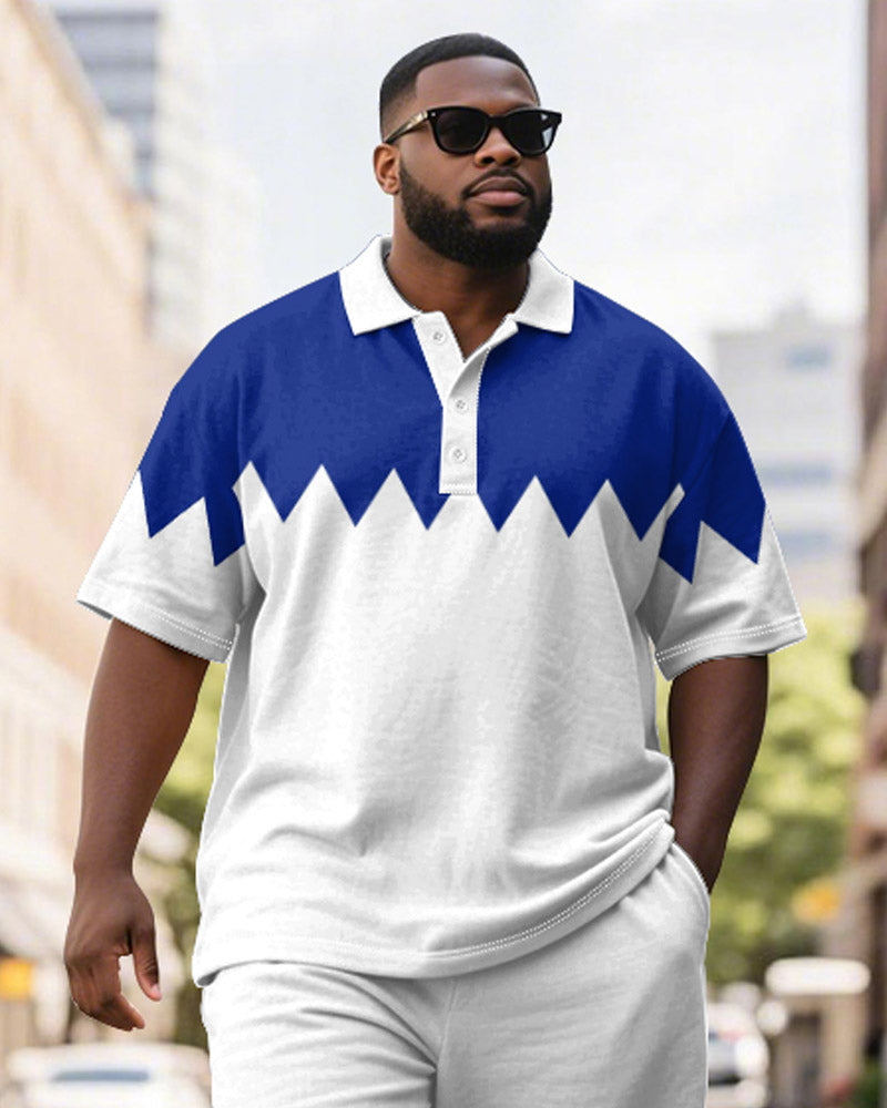Big & Tall Blue Colorblock Geometric Polo Shorts Set for big men view 3
