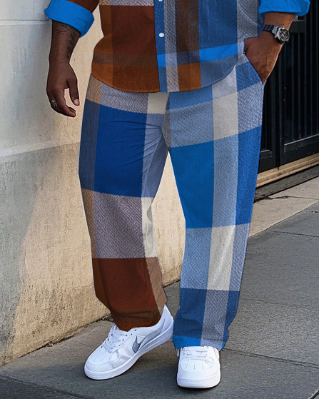 Big & Tall Blue Geometric Plaid T-Shirt Pants Set for big men view 3