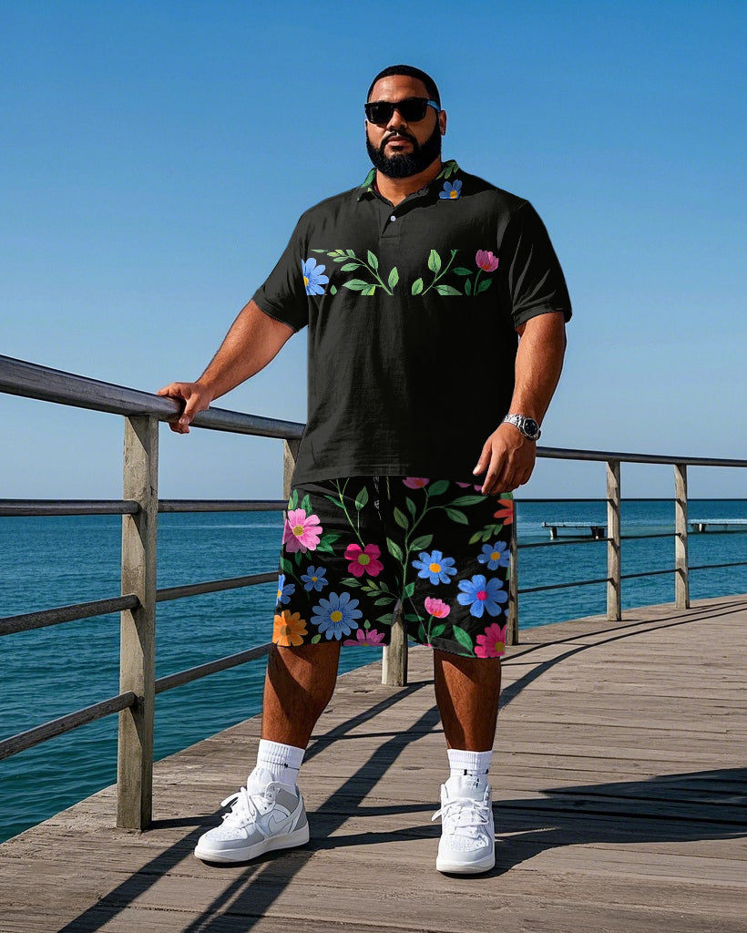 Big & Tall Striped Floral Polo Shorts Set for big men view 1