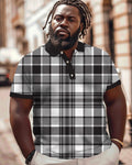 Big & Tall Black White Plaid Polo Shorts Set for big men
