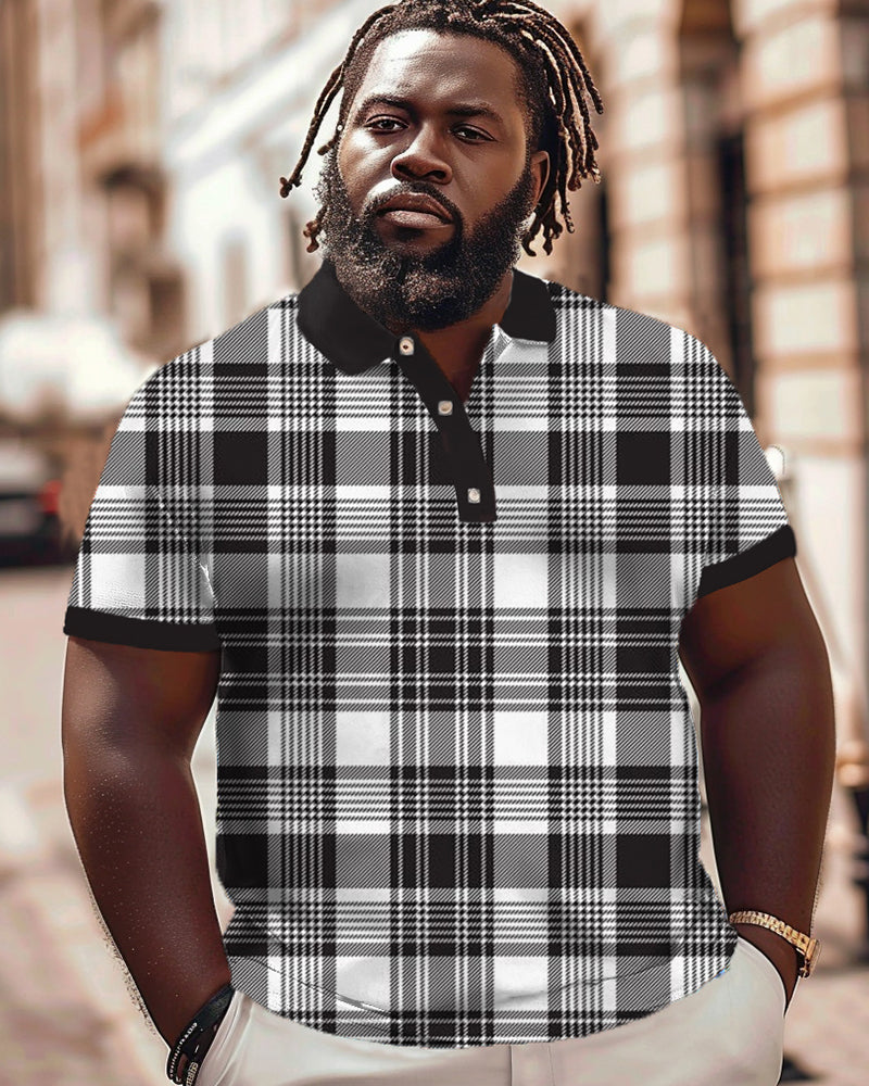 Big & Tall Black White Plaid Polo Shorts Set for big men