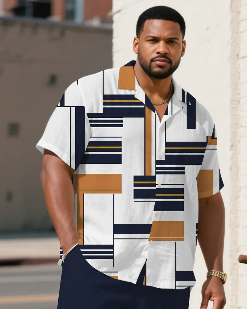 Big & Tall White Blue Geometric T-Shirt Shorts Set for big men view 2