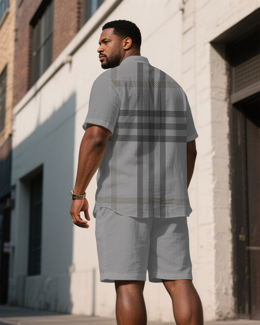 Big & Tall Gray Plaid T-Shirt Shorts Set for big men view 1