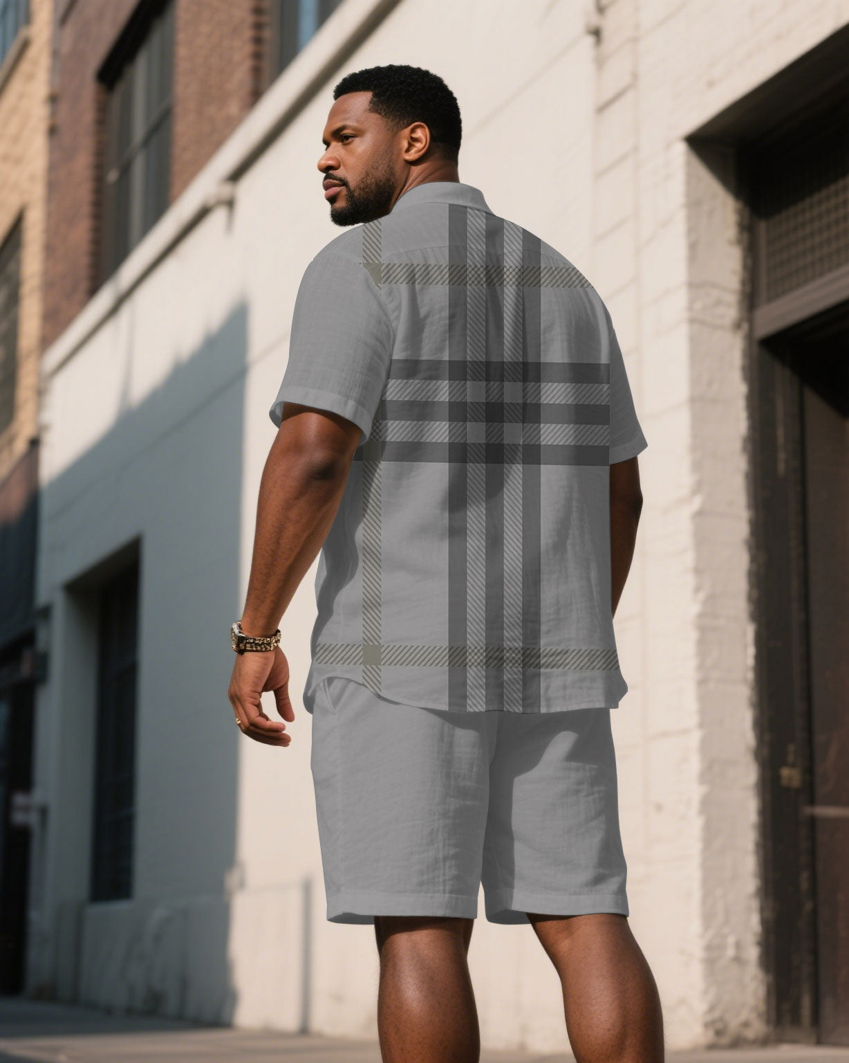 Big & Tall Gray Plaid T-Shirt Shorts Set for big men view 1