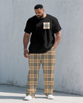 Big & Tall Black Khaki Plaid T-Shirt Pants Set for big men view 1