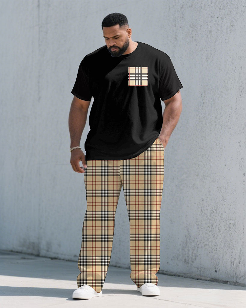 Big & Tall Black Khaki Plaid T-Shirt Pants Set for big men view 1