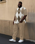 Big & Tall White Brown Plaid Polo Pants Set for big men view 1