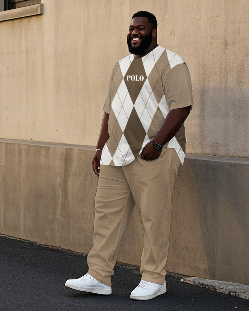 Big & Tall White Brown Plaid Polo Pants Set for big men view 1
