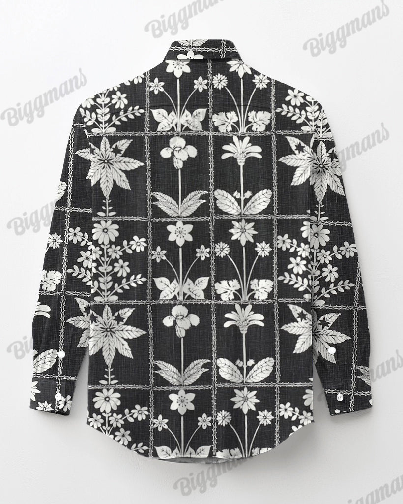 Big & Tall Black White Hawaiian Long Sleeve Shirt for big men view 3