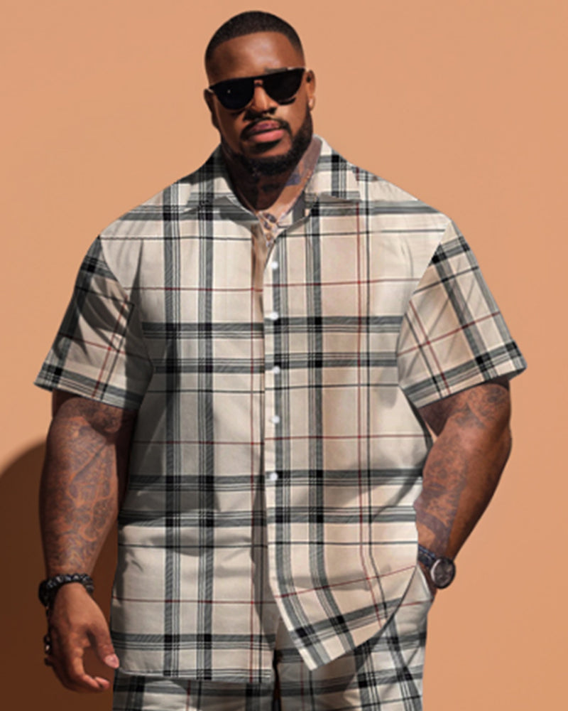 Big & Tall Khaki Plaid T-Shirt Shorts Set for big men view 2