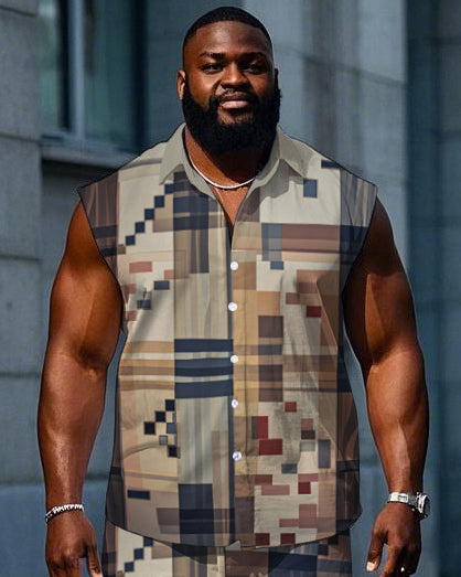 Big & Tall Colorblock Plaid T-Shirt Shorts Set for big men view 2