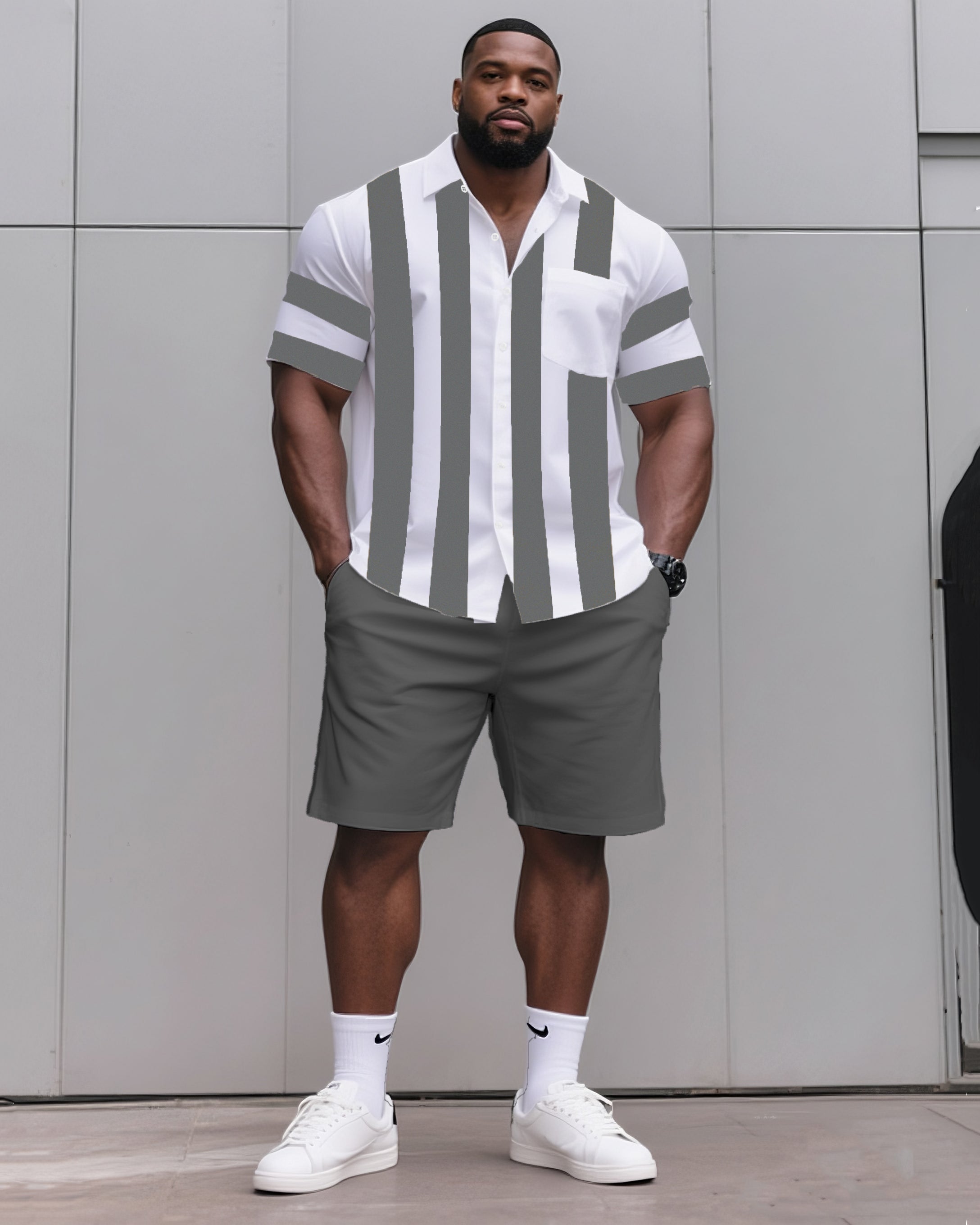 Big & Tall Black Blue Striped T-Shirt Shorts Set for big men view 3