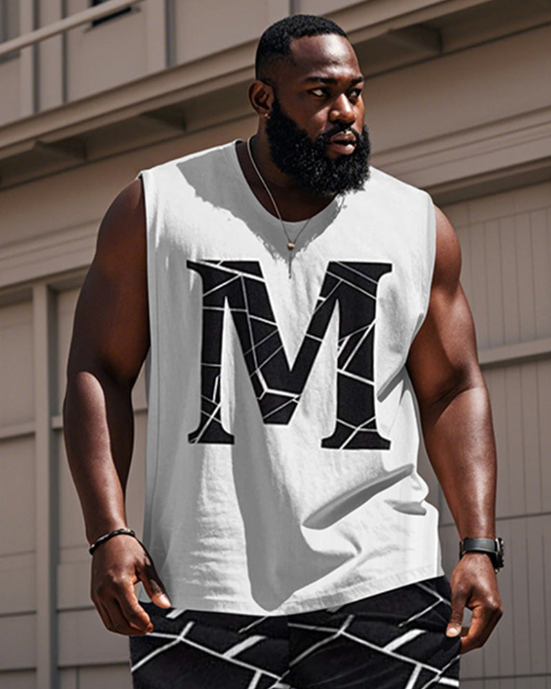 Big & Tall Black Geometric Striped Vest Pants Set for big men view 2