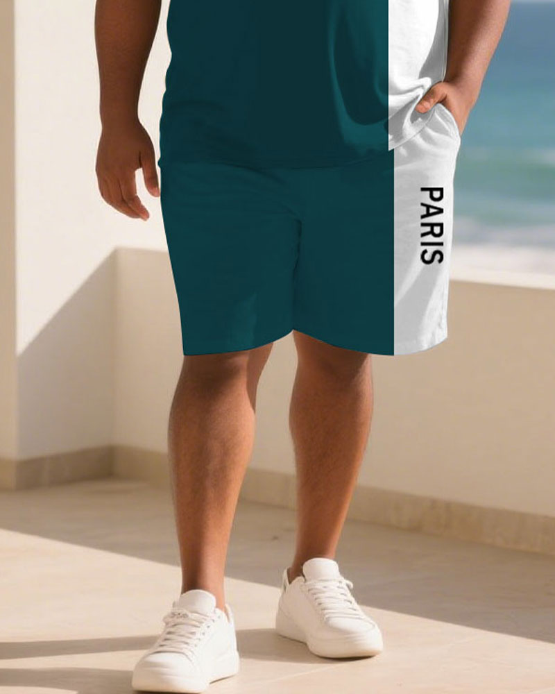 Big & Tall White Green Colorblock T-Shirt Shorts Set for big men view 3