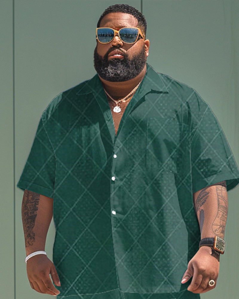 Big & Tall Green Patchwork T-Shirt Shorts Set for big men view 2