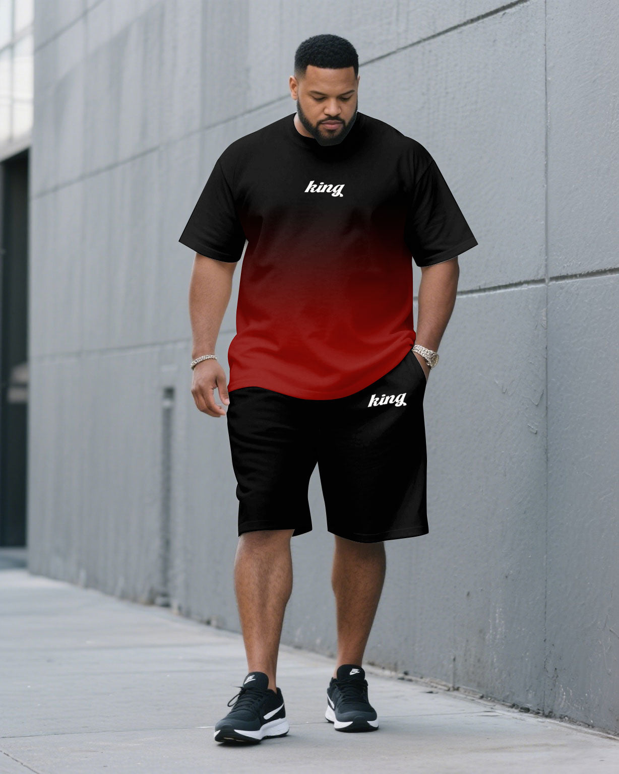 Big & Tall Black Red Graphic T-Shirt Shorts Set for big men view 1
