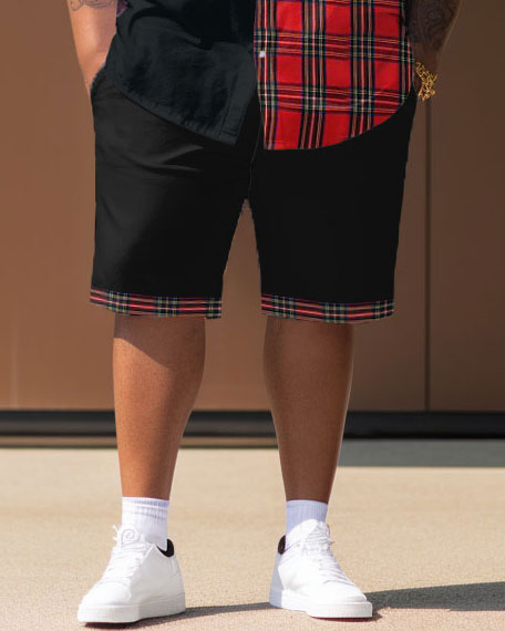 Big & Tall Red Plaid Streetwear Shirt Shorts Set for big men view 3