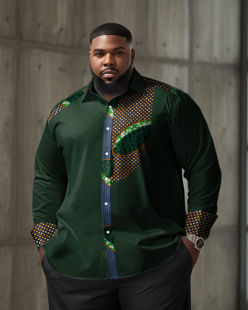 Big & Tall Green Geometric Long Sleeve Shirt for big men
