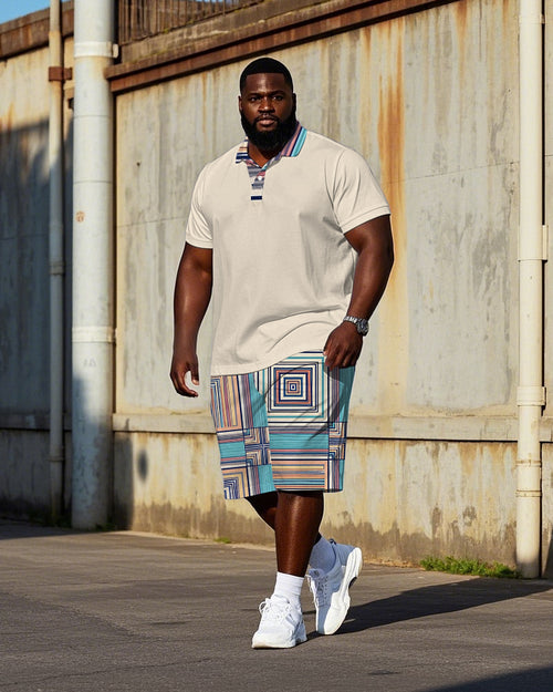 Big & Tall Geometric Vintage Polo Shorts Set for big men view 1