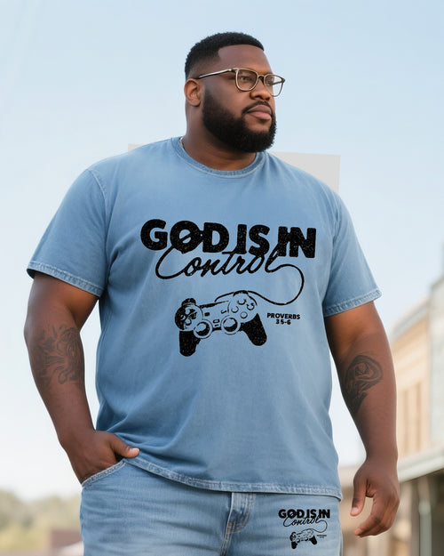 Big and tall light blue God Is in Control graphic T-shirt front view