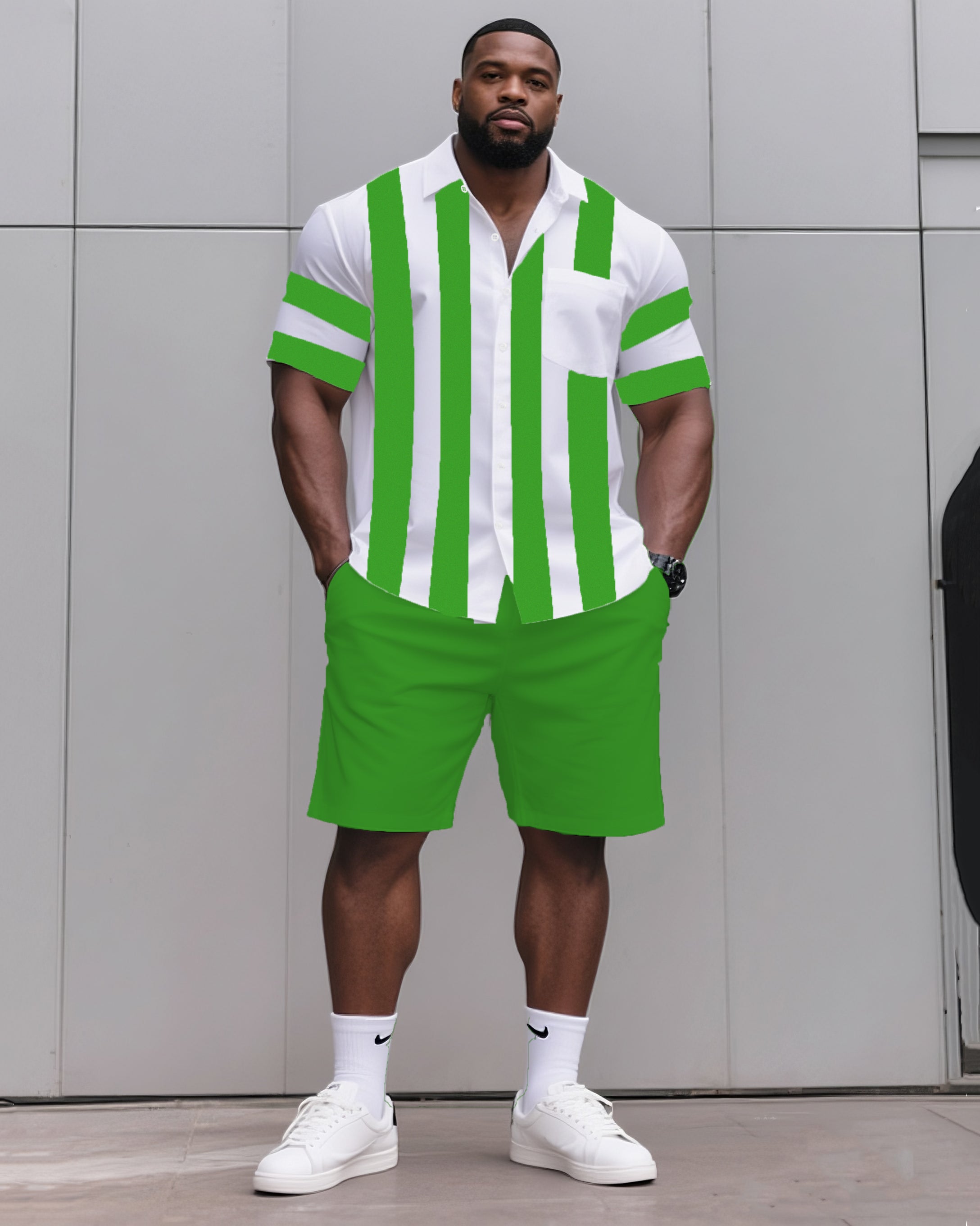 Big & Tall Black Blue Striped T-Shirt Shorts Set for big men view 7