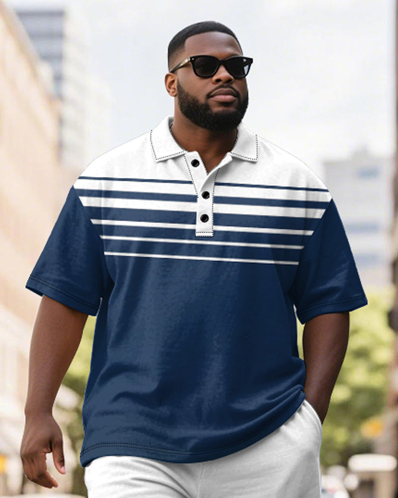 Big & Tall Blue Striped Graphic Polo Shorts Set for big men view 3