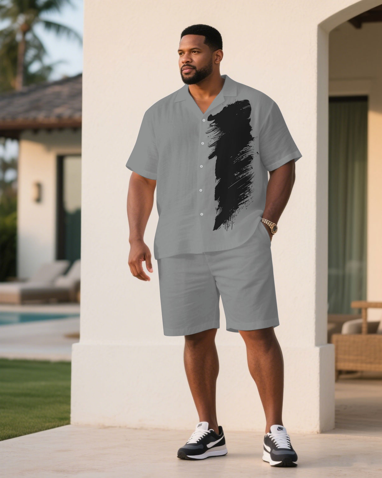 Big & Tall Black Gray Graphic T-Shirt Shorts Set for big men view 1