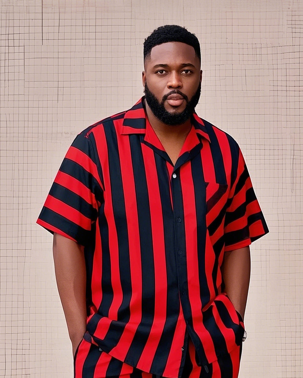 Big & Tall Black Red Colorblock T-Shirt Shorts Set for big men view 2