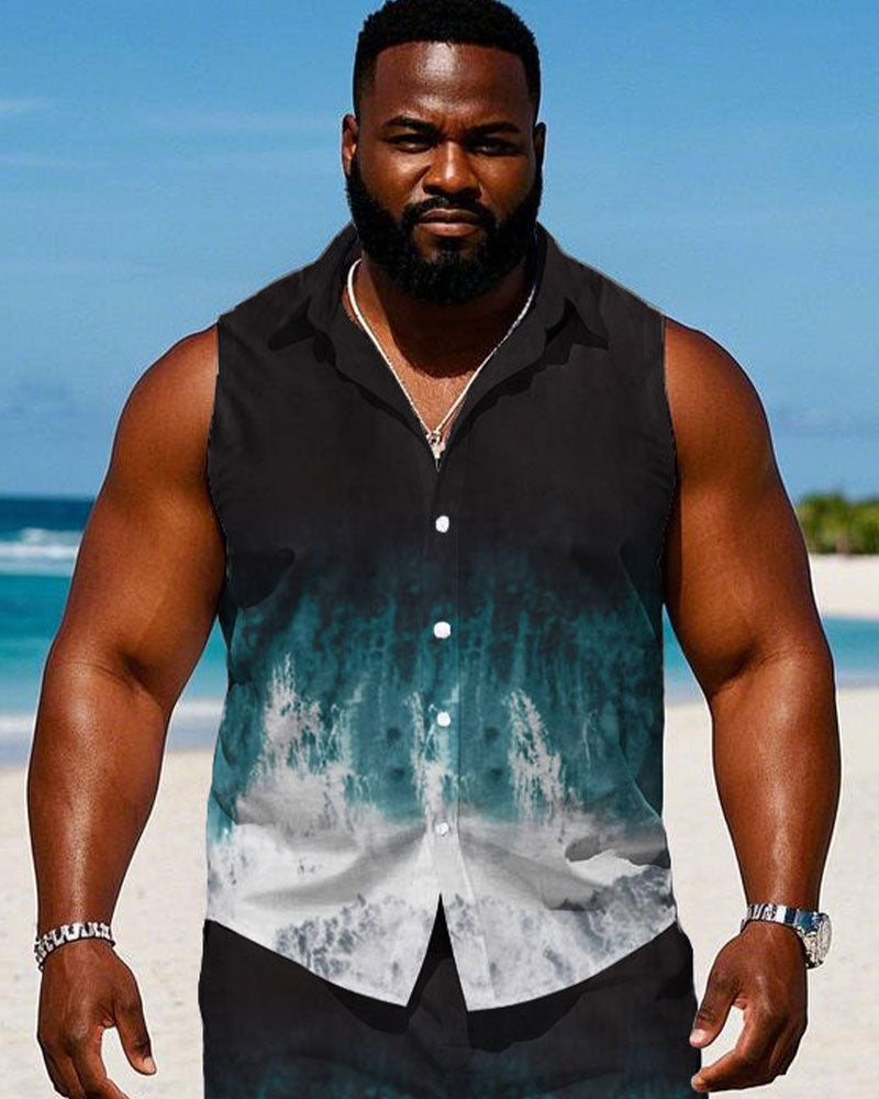 Big & Tall Black White Hawaiian T-Shirt Shorts Set for big men view 2