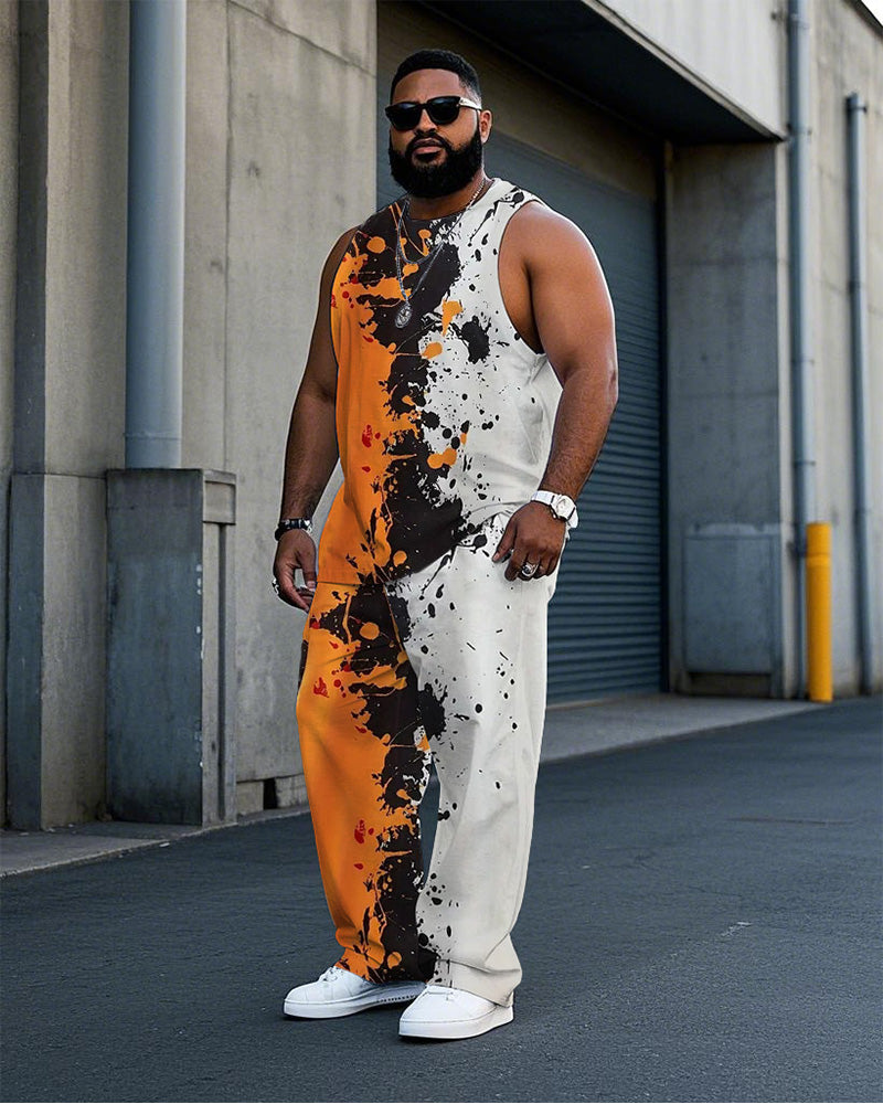 Big & Tall Orange Colorblock Vest Pants Set for big men view 1