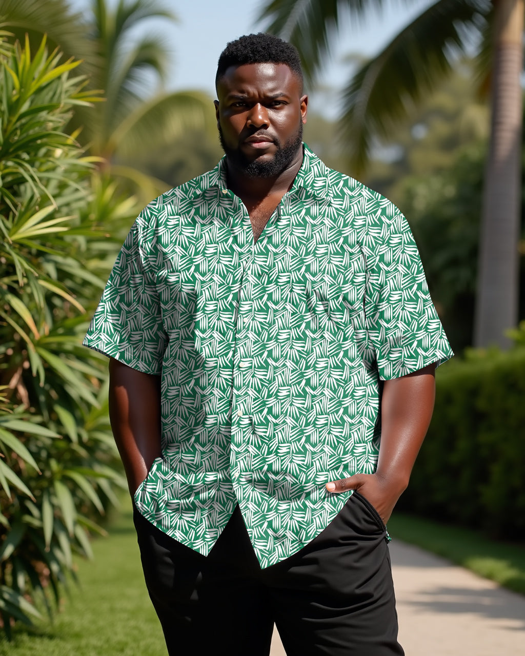Big & Tall Green Geometric Short Sleeve Shirt for big men view 1
