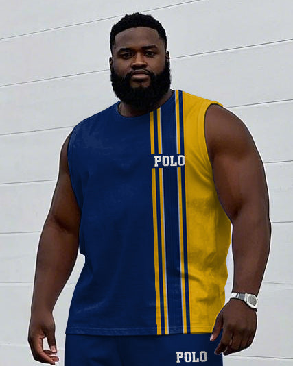 Big & Tall Yellow Colorblock Striped Vest Pants Set for big men view 2