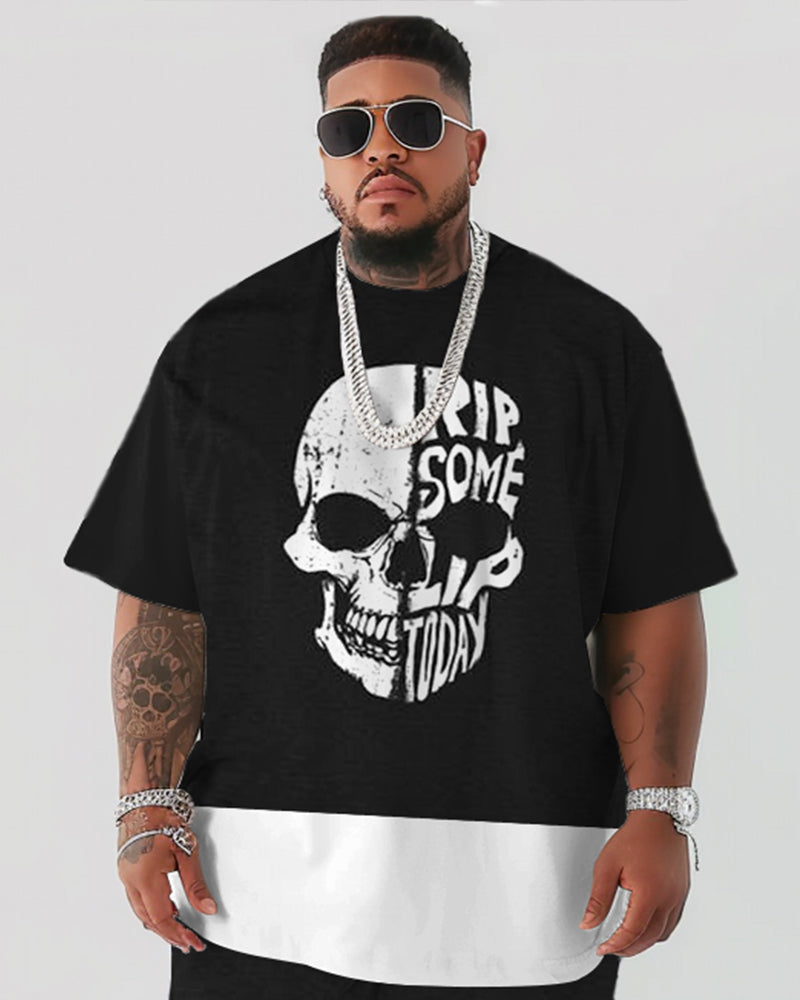 Big & Tall Graphic Patchwork Skull T-Shirt Shorts Set for big men view 2