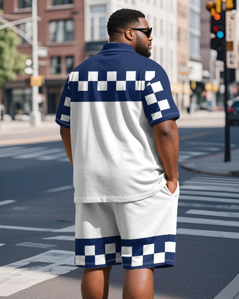 Big & Tall Blue Colorblock Graphic Polo Shorts Set for big men view 7