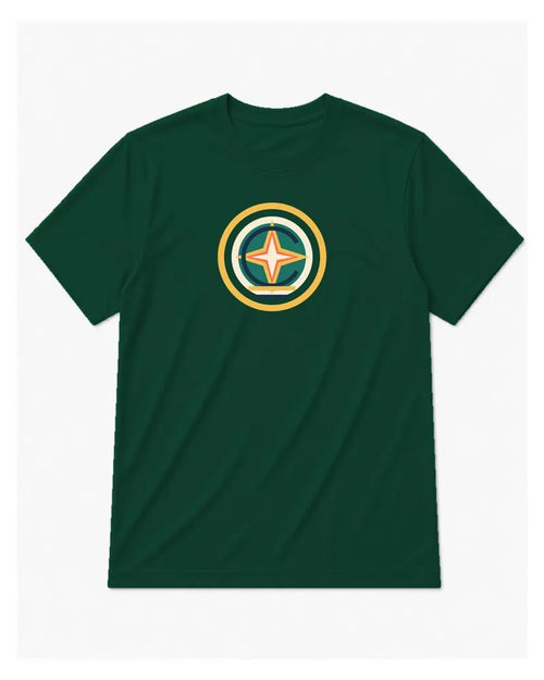 Big and tall dark green crewneck T-shirt with circular four-point compass graphic front view