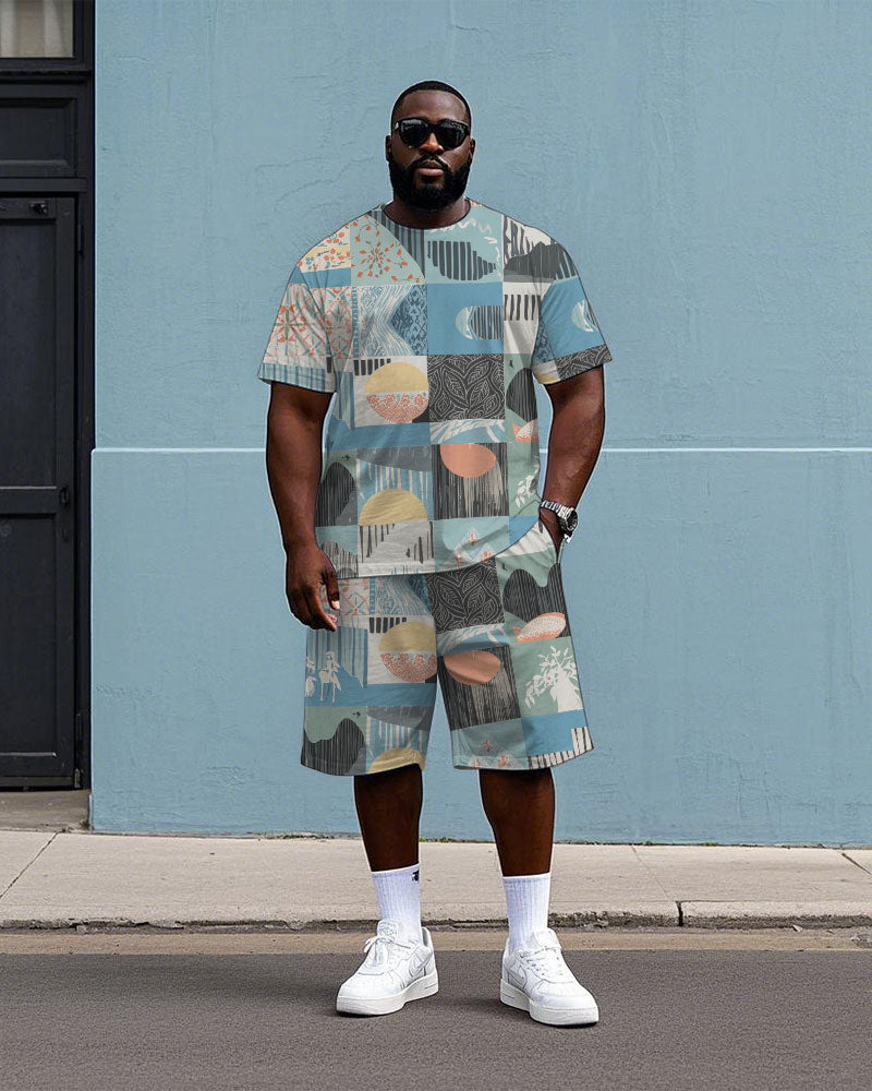 Big & Tall Hawaiian Colorblock T-Shirt Shorts Set for big men view 1