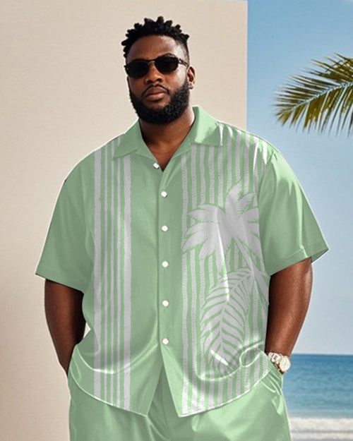 Big & Tall Green Hawaiian Striped T-Shirt Shorts Set for big men view 2