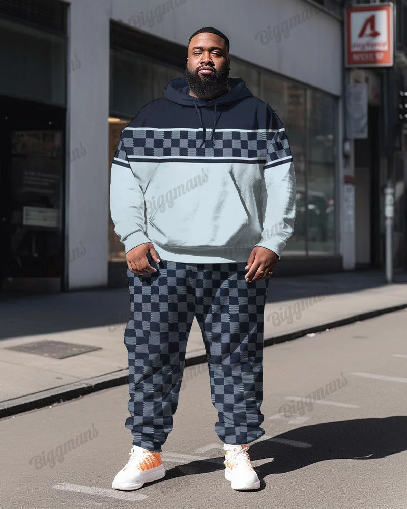 Big & Tall Blue Plaid Striped Hoodie Sweatpants Set for big men view 1