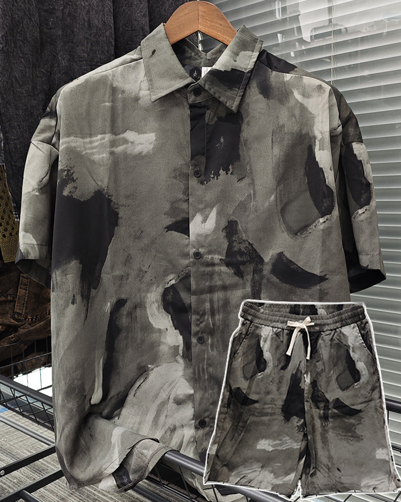 Big & Tall Green Gray Geometric Shirt Shorts Set for big men view 1