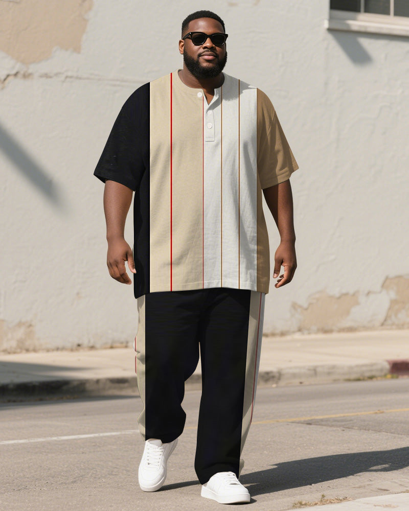 Big & Tall Black Khaki Colorblock T-Shirt Pants Set for big men view 1