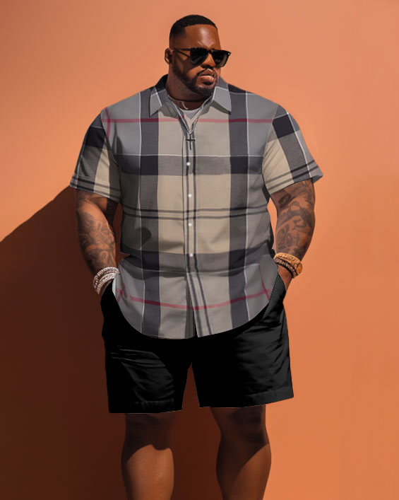Big & Tall Khaki Plaid T-Shirt Shorts Set for big men view 1